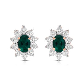 Jewelili 14K Rose Gold Over Sterling Sliver 6x4 MM Oval Created Emerald and 1/20 Cttw Natural White Round Diamond Cluster Stud Earrings, Metal, Created Emerald