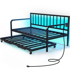 Rolanstar Daybed with Charging Station and LED Lights, Height Adjustable Twin Daybed with Trundle, Metal Sofa Bed Frame with Steel Slat Support for Living Room, Bedroom and Guest Room, Black