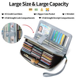 GAEKEAO Leather Credit Card Holder Wallet for Women RFID Blocking Large Capacity Bifold Zipper Card Case Organizer with Wristlet 45 Slots