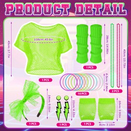 80s Fancy Dress for Women,1980s Fancy Party Costumes Accessories Set,80s Outfits Neon Mesh T-Shirt,Leg Warmers Fishnet Gloves Headband Earrings Bracelets Necklaces for Retro Party Dress up (Green)