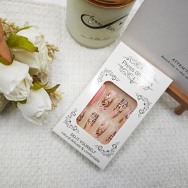 24Pcs Spring Press on Nails Pink Fake Nails with Artistic Floral Design Medium Square False Nails Reusable Acrylic Nails Flower Stick on Nails for Women Girls Spring Summer Nail Art Decor