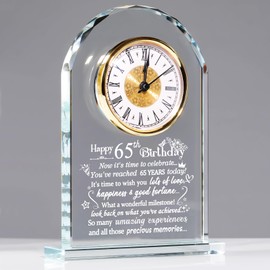 Ornalrist Happy 65th Birthday Quartz Clock Gifts for Women Men - 65 Years Old Birthday Presents for Couple Wife Her - Best 65th Birthday Gift for Friend Sister, Glass Quartz Desk Clock Plaque
