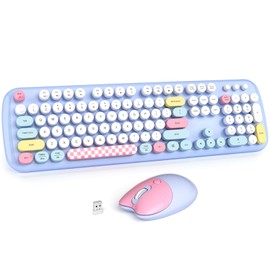 Wireless Keyboard and Mouse Combo for Windows, MOWUX 2.4G Full-Sized External Cordless Computer Keyboard, Compact Mouse, 8 Multimedia and Shortcut Keys, for PC, Laptop - Light Blue Colorful