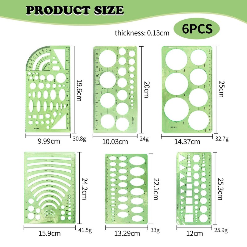 6 Pieces Green Geometric Rulers, Drawing Aids, Measuring Tools, Plastic