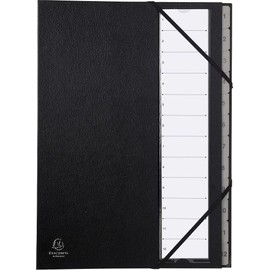 Exacompta 56012E Premium Folder with Hard Cover for DIN A4 and 12 Compartments 1-12 with Expandable Spine, 2 Elastic Bands, Plastic Tabs, Expanding Folder, Black
