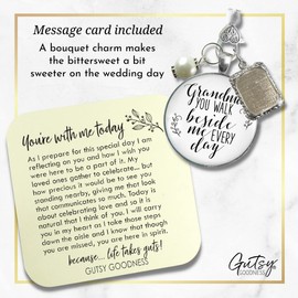 Wedding Bouquet Charm Grandma You Walk Beside Me Every Day 1 Photo Frame Antique Silver Memorial Keepsake Jewelry White Glass White Bead Bride's Memory of Grandmother DIY Picture Template