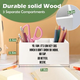 VIIJJUE Funny Wooden Pen Pencil Holder for Home Office Desk, Humorous Desk Accessories Gifts for Students Coworkers Friends, Back to School Supplies, It's Low Key Sus When U Don't Show Ur Work