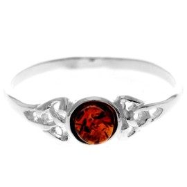 Silver Amber Jewellery - 925 Sterling Silver and Cognac Baltic Amber Classic Celtic Stone Delicate Ring - UK Rng Size S - 7588S