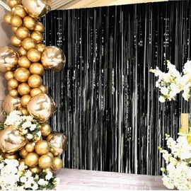 2PCS 8Ft Black Foil Fringe Curtains Metallic Tinsel Curtain Tinsel Streamers Backdrop for Party Prom Birthday Favors Decoration Christmas Decorations Party Favors, 3.2 x 8 feet
