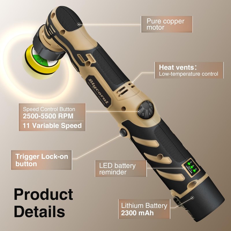 Cordless Mini Polisher,1/1.5/2Inch,DA&RO with 11 Variable Speed 2500-6000 RPM,2 *