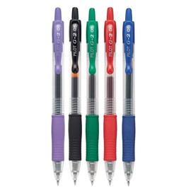 Advantage Gifts G2 Retractable Premium Gel Ink Roller Ball Pens Extra Fine Point (.5mm) Black/Blue/Red/Green/Purple Ink 5 pack; Refillable & Premium Comfort Grip Bundle with Plastic Reusable Pouch