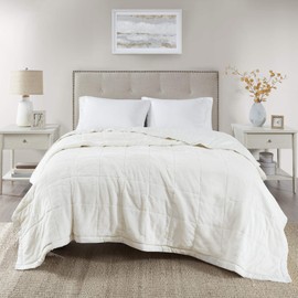 Madison Park Coleman Cozy Reversible Blanket, Luxury Plush Season Down Alternative Cover for Bed, Couch and Sofa, Full/Queen(90"x90"), Ivory