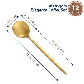 Bestdin Spoons 12 Pieces, Exquisite Soup Spoon Set 12 cm (4.7 inches), Matte Gold Coffee Spoon, Tablespoon, Espresso Spoon Made of Stainless Steel for Home/Restaurants/Party, Dishwasher Safe