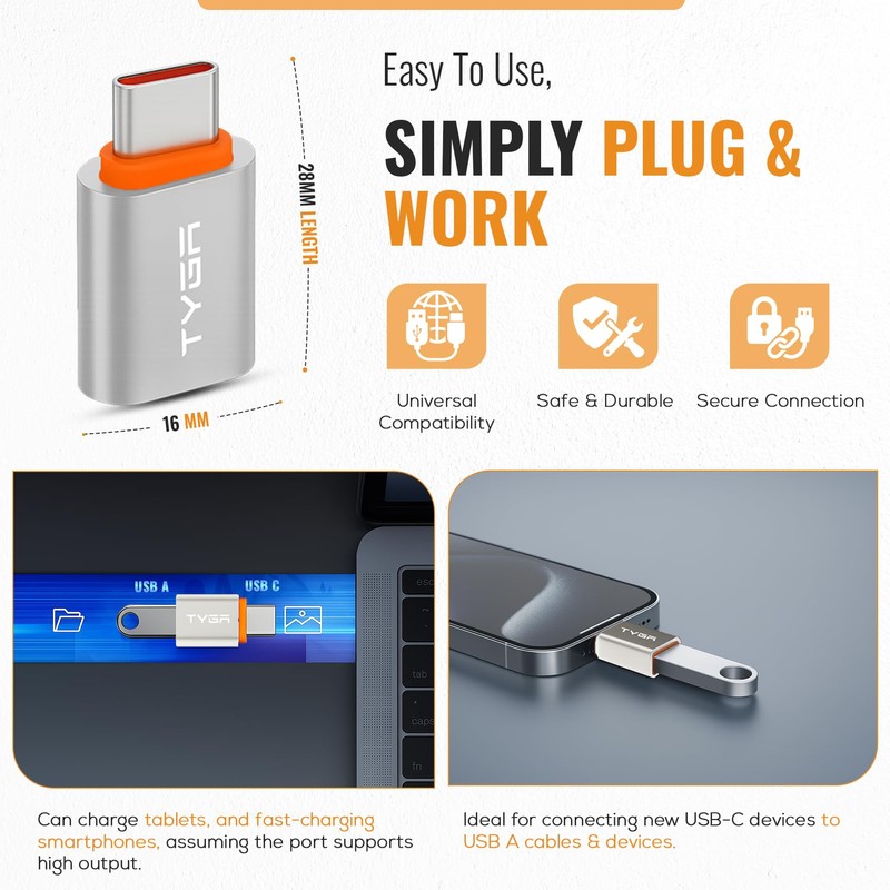 TYGA USB A to USB C Adapter, High-Speed 5Gbps Data