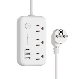 European Travel Plug Adapter, US to Europe Plug Adapter with 3 AC Outlets and 3 USB, Type E/F - International Power Strip for USA to Europe EU Germany France Iceland Greece Spain, 4ft, White