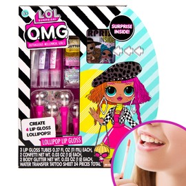 L.O.L. Surprise! O.M.G. Lollipop Lip Gloss by Horizon Group USA, Create 4 LOL Surprise Lip Glosses, Includes 4 Lip Gloss Containers, 3 Fun Flavors, Confetti, Surprise Temporary Tattoos & More