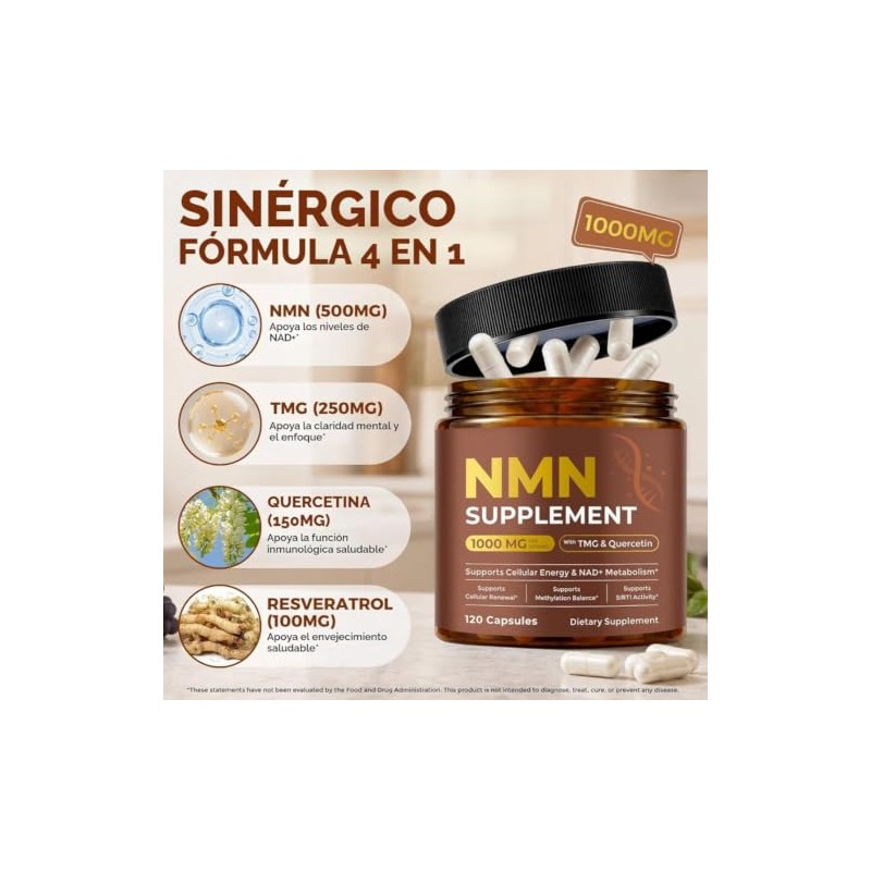 NMN 1000 mg Nicotinamide Mononucleotido con Resveratrol Quecertin TMG Liposomal