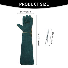 QWLWBU 1 Pair Animal Handling Gloves Bite Proof,Leather Welding Gloves,24.4in Reinforced Leather Gloves with 2 Tweezers for Dog Training,Cat,Falcon,Reptile(Blue)