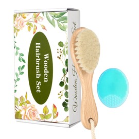 Wooden Soft Goat Bristles Brush with Baby Silicone Hair Scrubber Cradle Cap Brush for Newborns, Toddlers, Infant, Baby Hair Care Kit (Green)