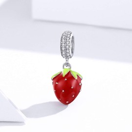 MEETCCY Fruit Charm Bracelet for Women 925 Sterling Silver Red Enamel with Crystals Charm Bead Strawberry Charm Bracelet Necklace (Strawberry Charm Necklace)