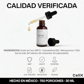 CellX | Vitamina D3 + K2 MK-7 en Gotas con Aceite MCT de Coco | 30 ml | 750 Porciones de 1 Gota | Suplemento Alimenticio para Adultos