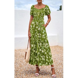 PRETTYGARDEN Womens Summer Dresses 2025 Casual Boho Floral Puff Short Sleeve Flowy Maxi Dress Smocked V Neck Sun Dresses (Green, XX-Large)