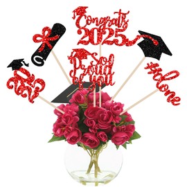 12 PCS 2025 Graduation Centerpiece Sticks Diploma Done Congrats 2025 Table Flower Centerpieces Grad Cap So Proud of You Class of 2025 Floral Decorations for 2025 Graduation Theme Party Supplies Red