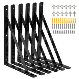 Heavy Duty Shelf Brackets 12 x 8 inch, 6 Pack Wall Shelf Brackets with 90 Degree Triangle, Black Metal L Brackets, Shelves L Brackets(300x190mm)