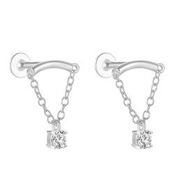 ALRNBY Gold Helix Earrings for Women 2Pcs Flat Back Earrings Hidden Helix Earring Dangle Drop Tassel Chain Earring Cartilage Studs Silver Cubic Zirconia Sparkling Earrings Jewelry… (Double silver)