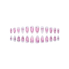 Pink Ombre Press on Nails Heart Fake Nails Short Almond False Nails with Pearl Design Bowknot Glue on Nails Glossy Acrylic Full Cover Flower Stick on Nails for Women Valentine's Day Manicure