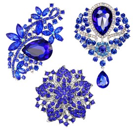 Reizteko Wedding Bridal Big Crystal Rhinestone Bouquet Brooch Pin for Women (Style a: 3pcs Blue brooches Set)