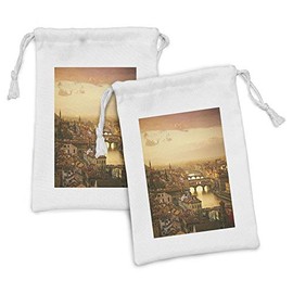 Lunarable Scenery Fabric Pouch Set of 2, Bridge Ponte Vecchio Italy Bird Eye Sunset View Castle Houses Historic Cityscape, Small Drawstring Bag for Toiletries Masks and Favors, 9" x 6", Sand Brown