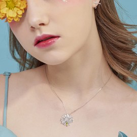 BriLove Dainty Flower Honeybee Necklace 925 Sterling Silver Cubic Zirconia Sunflower Pendant Necklaces You are My Sunshine Gifts for Women Clear Silver-Tone