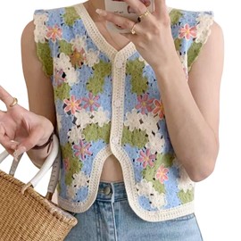 LIANXUE Women Vintage Knit Crochet V-Neck Waistcoat Cropped Cardigan Embroidery Colorblock Floral Sleeveless Sweater Vest Top