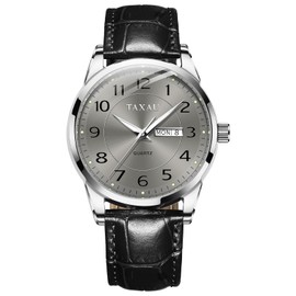Taxau Watches for Men Black Leather Adjustable Waterproof Mens Dress Watch Big Face Analog Quartz Casual Wrist Watch Date Luminous Easy to Read