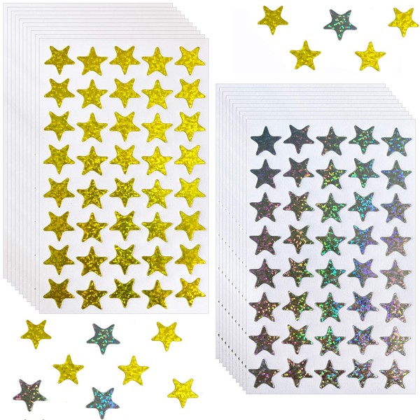 Kenkio 2400 Count Laser Shiny Sparkle Star Stickers Gold Sliver Self Adhesive Star Stickers for Kids Students Rewards Teachers Supplies