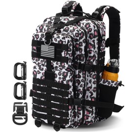Hannibal Tactical 45L MOLLE Assault Backpack, Tactical Backpack Military Army Camping Rucksack with Bottle Holder, 3-Day Pack Trip w/USA Flag Patch, D-Rings, Leopard