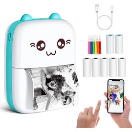 Mini Printer Portable, Pocket Thermal Printer with 7 Rolls Paper, Bluetooth Wireless Smart Printer for Photo Office Receipt Label Note QR Code Inkless Printing (Blue)