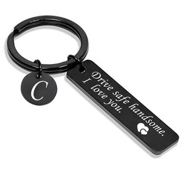 Vintashion Initial letter charm drive safe keychain valentine's gift for husband boyfriend (C-black)