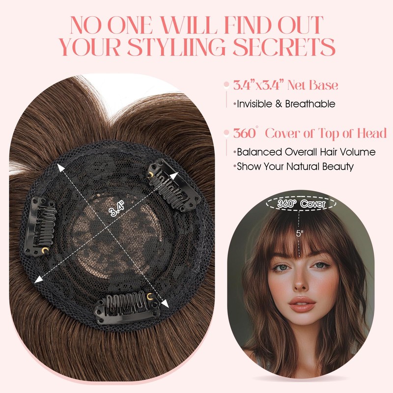 Hairro Mono Hair Toppers with Bangs, 3.4" x 3.4" Mono