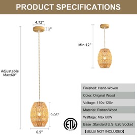 XIYOUVE 3-Light Rattan Pendant Light, Boho Chandelier Light Fixture, Small Wicker Light Fixture, Wicker Chandelier, for Bedroom Kitchen Island, ETL Listed