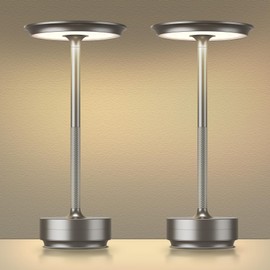 UdoUto 2-Pack Rechargeable LED Table Lamps – Cordless, Portable, Stepless Dimming with 3 Color Modes – Battery Powered Touch Lamps for Restaurant, Café, Patio, or Outdoor Use – Modern Design (Silver)