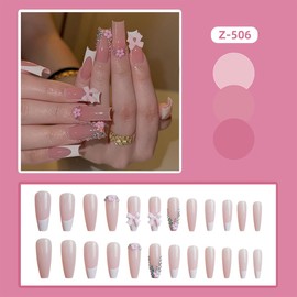 French Tip Press on Nails Long Square Fake Nails with 3D Bow Rhinestones Designs Glossy Cute False Nails Flower Charms Acrylic Nails Reusable Glue on Nails for Women Girls 24Pcs
