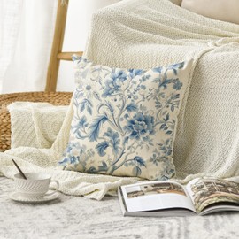 AVOIN colorlife Chinoiserie Flowers Trees Blue Throw Pillow Cover, 18 x 18 Inch Floral Cushion Case Outdoor Decoration for Sofa Couch Farmhouse