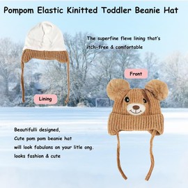 Rayson Winter Warm Hat Baby Earflap Fleece Lined Knitted Cap Toddler Dual Pom-Pom Chenille Knitted Warm Hat Cute Bear Kids Winter Hat with Ear Flaps,Beige