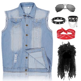 shengo 80s Rocker Costume Men, Rock Star Costume Rocker Vest Hippie Wig, Sunglasses Bracelet Punk Costume Rock Star Accessories for Carnival Party 8090s Rock Party Carnival Party