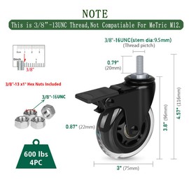8T8 3 Inch Caster Wheels Heavy Duty with Brakes, Rubber Casters with 3/8"-16 x 1 Threaded Stem (Screw Diameter 3/8", Length 1"), Quiet and Smooth Rolling Castors, Set of 4