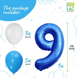 LAC Foil Balloons Numbers 4 - Kit 5pcs Blue and 3pcs White Balloons for Kids - Boys Birthday Decorations