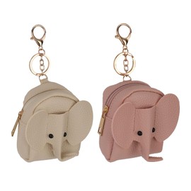 Gosknor 2pcs Mini Backpack Keychains, Cute Elephant Mini Backpack Coin Purse PU Leather Women Tiny Cosmetic Bags Zipper Pouch Keychain Organizer for Coin Lipstick Key Cards(Pink & Beige)