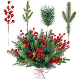Sggvecsy 60 Pcs Artificial Pine Branches Fake Greenery Pine Picks Artificial Red Berry Stems Christmas Pine Needles for DIY Christmas Garland Wreath Xmas Embellishing Flower Arrangements Decoration